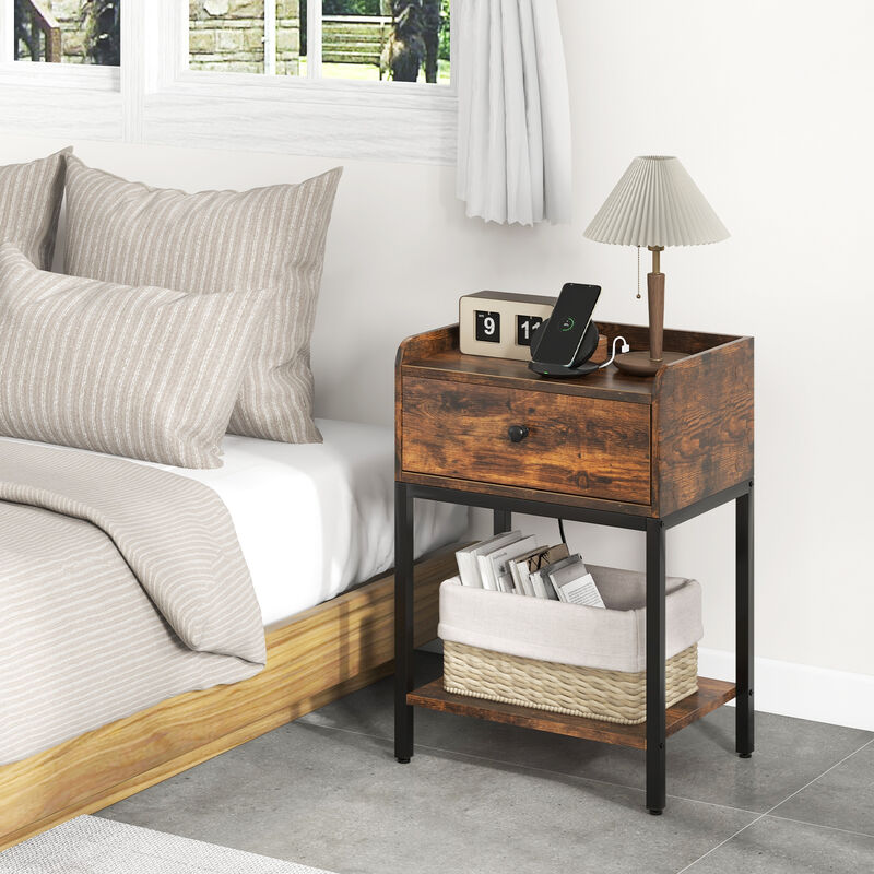 Industrial Bedside Table Nightstand with Charging Station-Rustic Brown image number 1