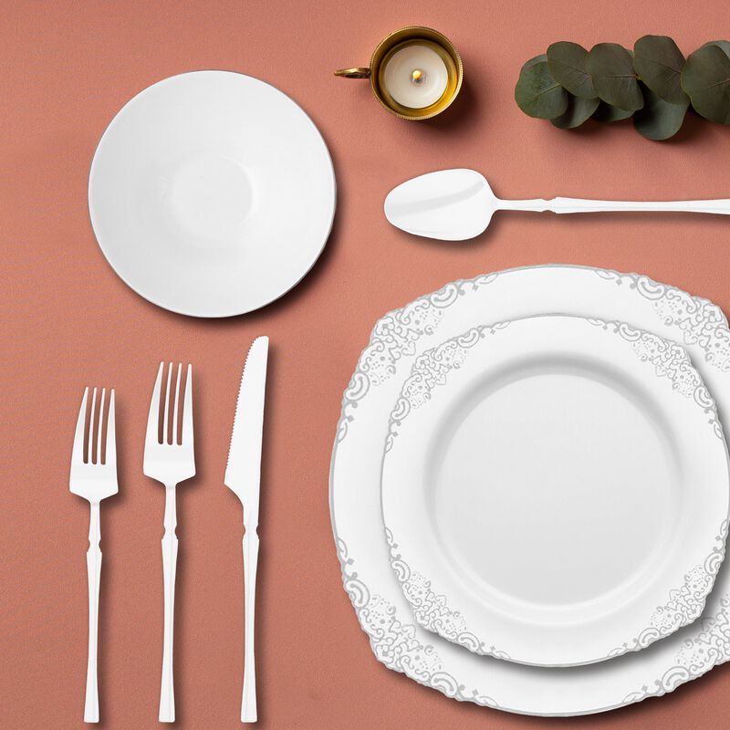 White with Silver Fancy Round Plastic Tableware Set (120 Sets) image number 8