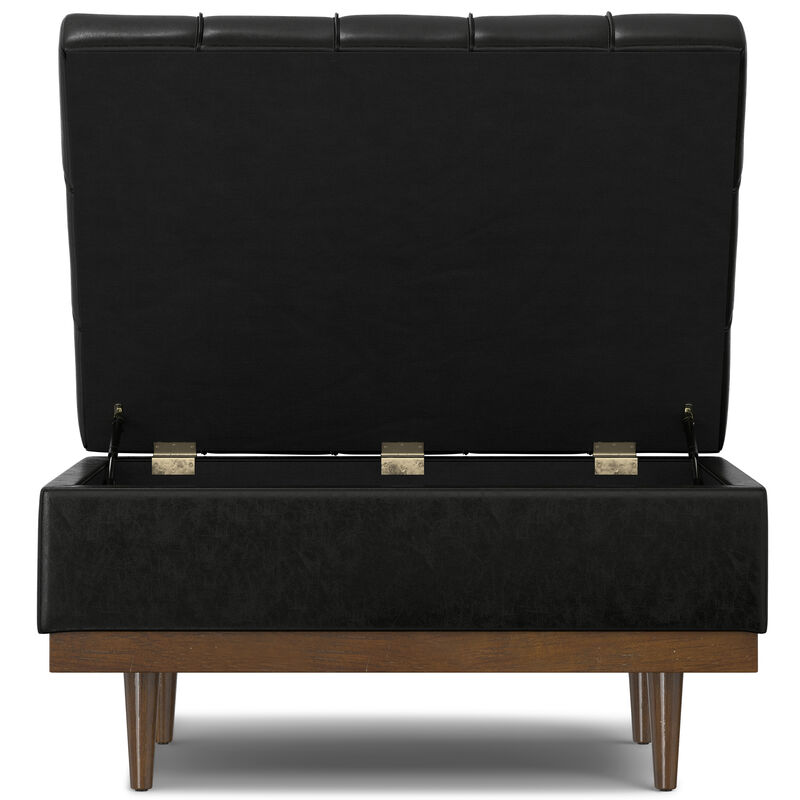 Mariah 34 inch Wide Contemporary Rectangle Coffee Table Storage Ottoman in Midnight Black  PU Black faux leather, Assembled