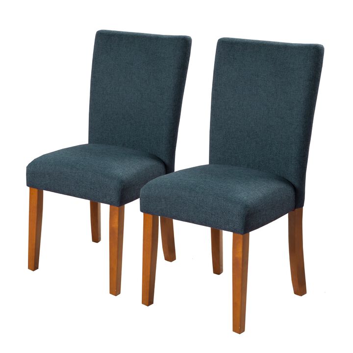 Fabric Upholstered Parson Dining Chair with Wooden Legs, Navy Blue and Brown, Set of Two - Benzara