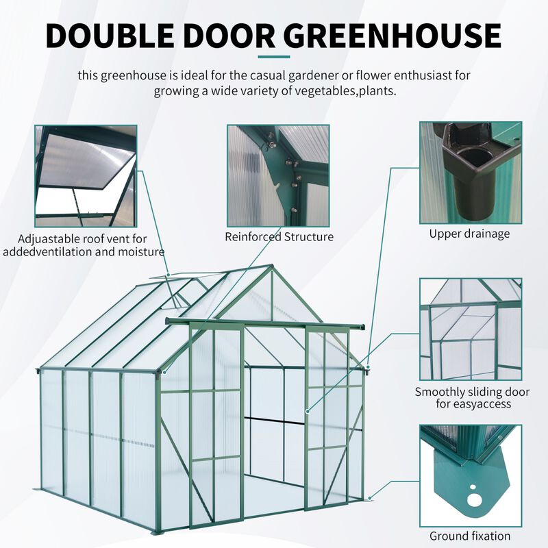 8x8 FT Double Door Polycarbonate Greenhouse Raised Base&Anchor Aluminum Duty Walk-in Greenhouses image number 4