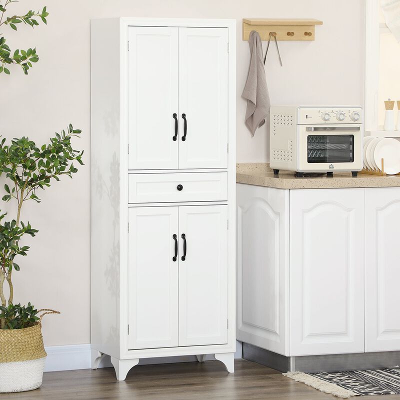 White Dining Storage: 67" Kitchen Pantry Cabinet with 4 Doors & Drawer