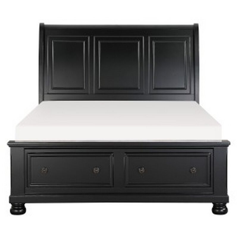 Bency Queen Sleigh Style Platform Bed, 2 Drawer Footboard, Bun Legs, Black