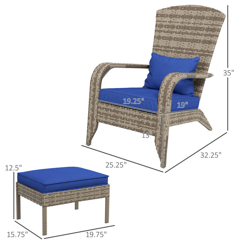 Outsunny Patio Wicker Adirondack Chair with Ottoman, Outdoor Fire Pit Chair with Cushions, High-Back, Large Seat & Armrests for Deck, Garden & Backyard, Dark Blue