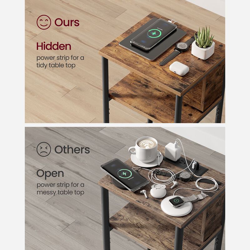 Side Table with Charging Station - 3-Tier End Table with USB Ports and Outlets for Convenient Charging