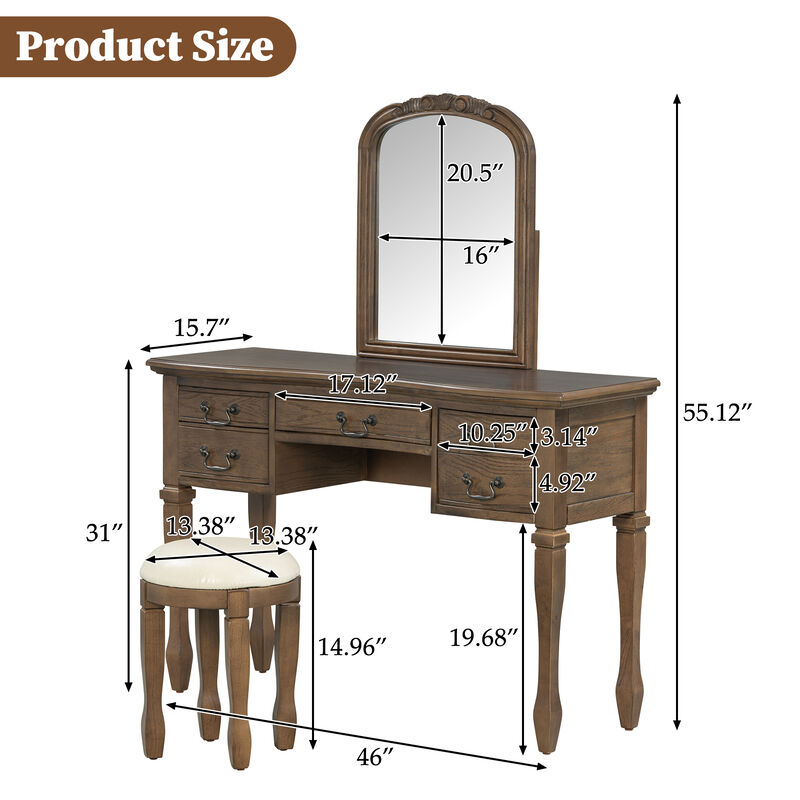 Merax 5-Drawer Vintage Vanity Table with Floral Carvings, Espresso Finish, Antique Metal Hardware image number 7