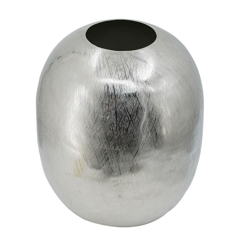 Chan 13 Inch Modern Metal Vase, Curved Round Shape, Metallic Silver Finish - Benzara
