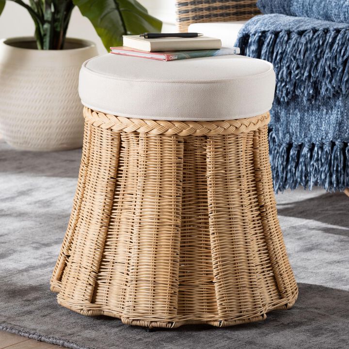 bali & pari Ying Round Natural Rattan Ottoman with Cushion - Handwoven Wicker Pleated Skirt Accent Coffee Table or Extra Seating for Living Room or Sunroom, Small