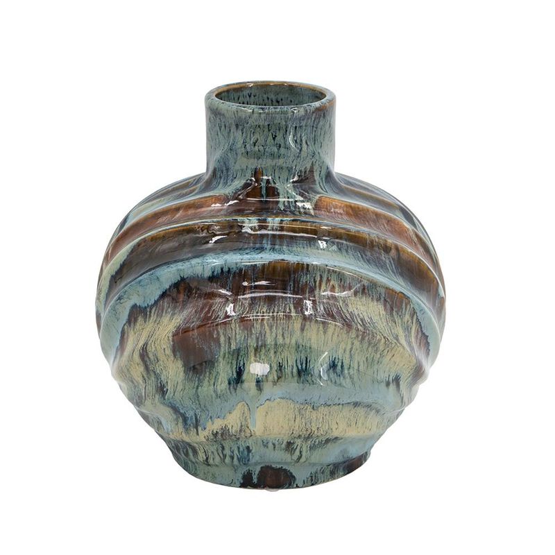 HomeRoots 11" Blue Beige And Brown Abstract Wavy Ceramic Table Vase image number 3