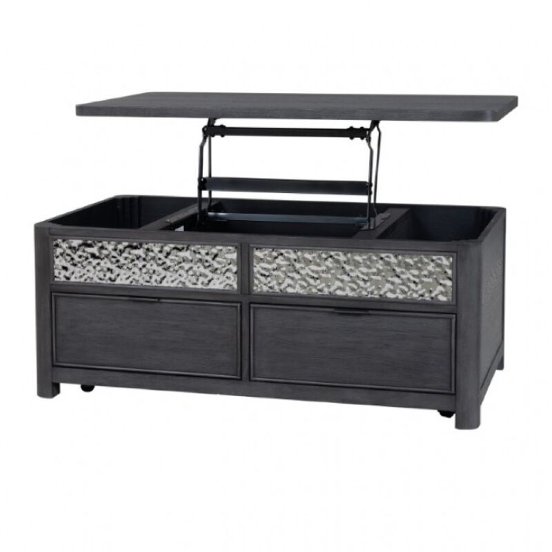 Zoko Lift Top Coffee Table w Wheels, 2 Drawers, Ash Gray Wood, 46 Inch - Benzara