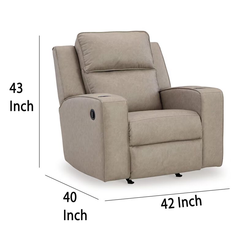 Livie Manual Rocker Recliner Chair, Cupholder, Beige Gray Faux Leather - Benzara