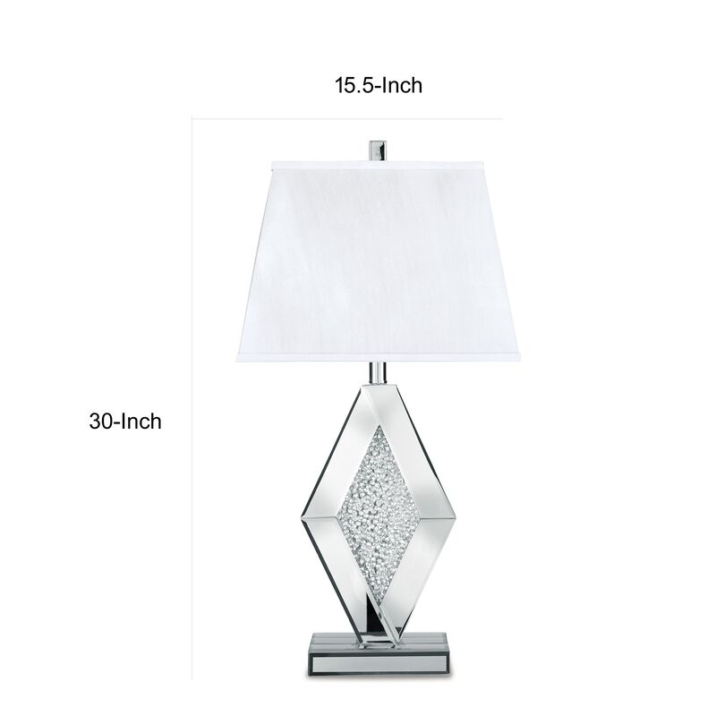 30 Inch Table Lamp, Mirrored Crystal Accent Geometric Base, Chrome, White - Benzara