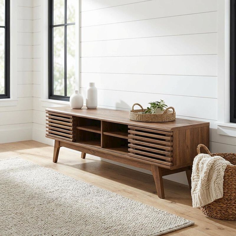 Brown wood entertainment center with spacious TV stand and sleek design image number 3