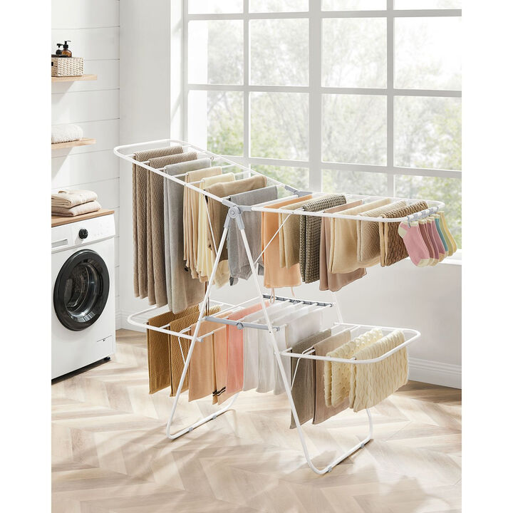 2-Level Clothes Drying Rack, Stainless Steel Laundry Rack with Height-Adjustable Wings