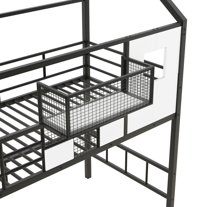 Whisen Twin Metal Loft Bed with roof design and a storage box- Black 