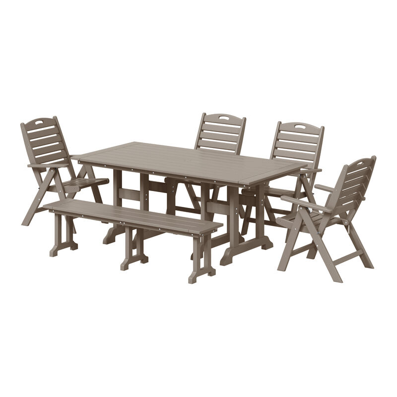 WestinTrends 6-Piece HDPE Rectangular Patio Dining Table Set with Foldable Chairs and Patio Bench