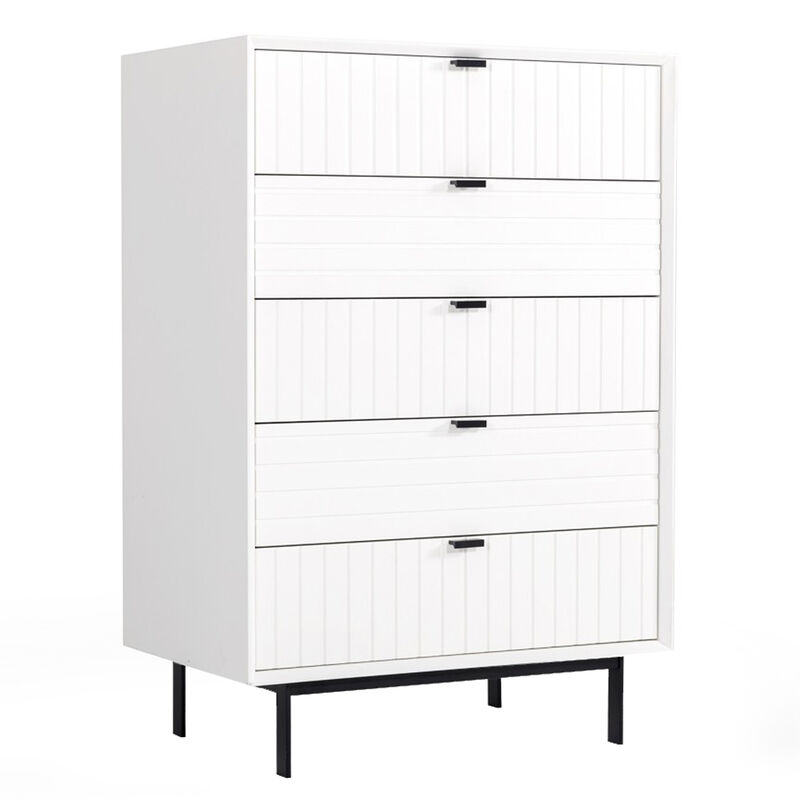 Wooden 5 Drawer Chest with Bar Pulls and Metal Straight Legs, White-Benzara image number 1