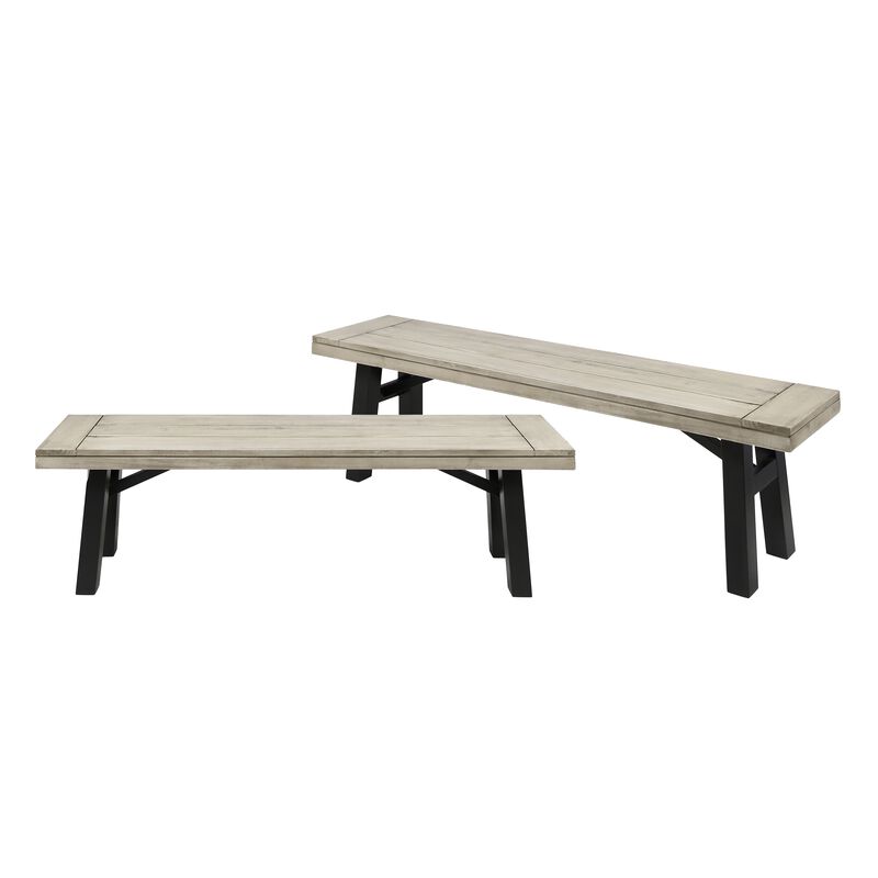 Wren Outdoor Bench Set of 2, Slat Panel, 63 Inch Gray Acacia Wood - Benzara