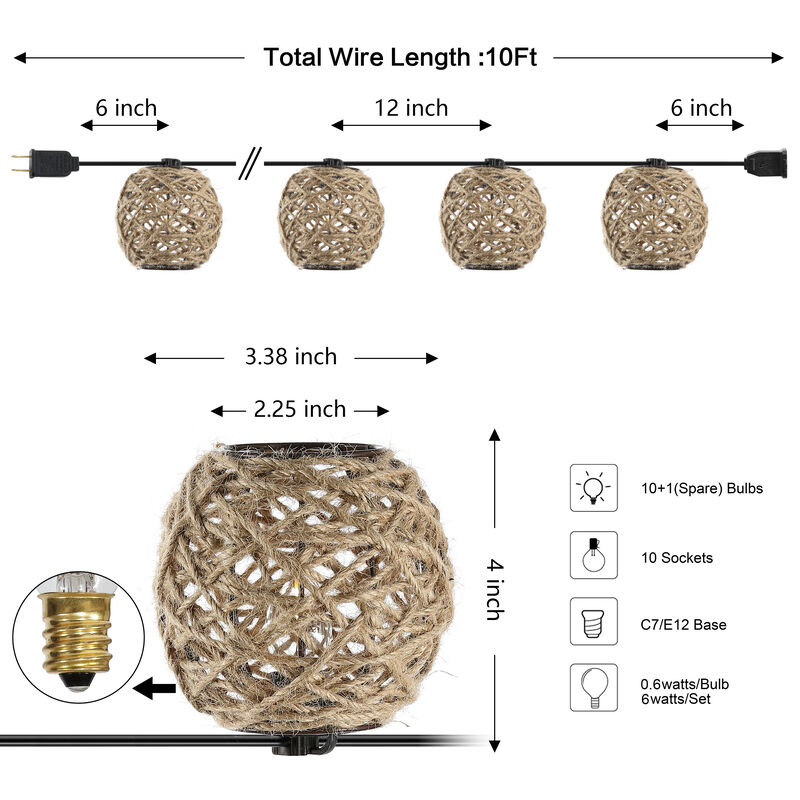 Oahu Light Indoor/Outdoor Rustic Coastal Incandescent C7 Globe Hemp Rope Shaded String Lights