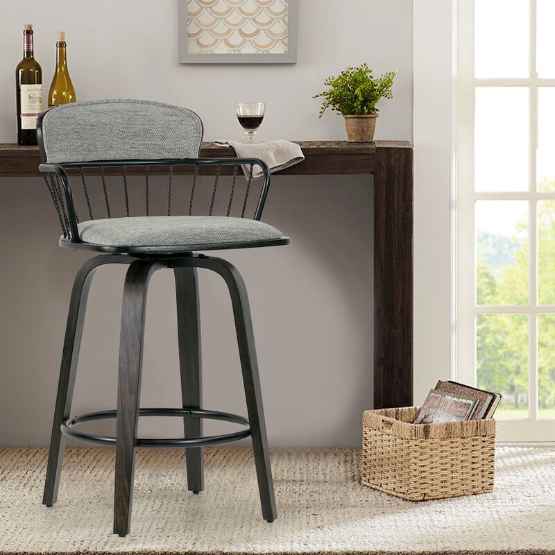 Glamour Home Set of 2 Baker Gray Fabric Counter Stool with Black Iron Back and Wood Legs