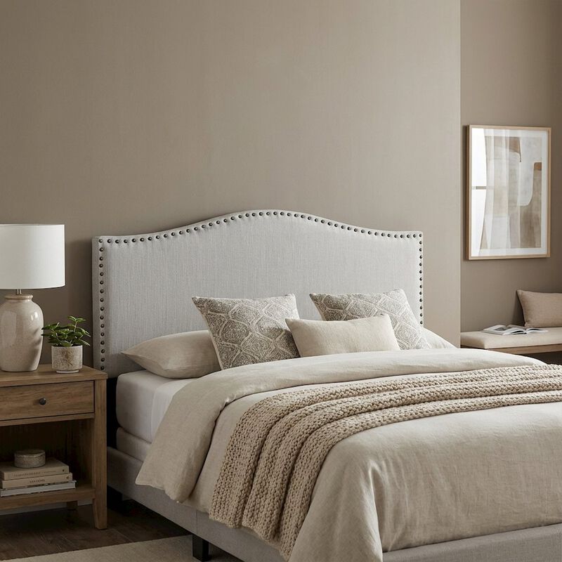 Off White Upholstered Queen Headboard, Solid Rubberwood Frame image number 2