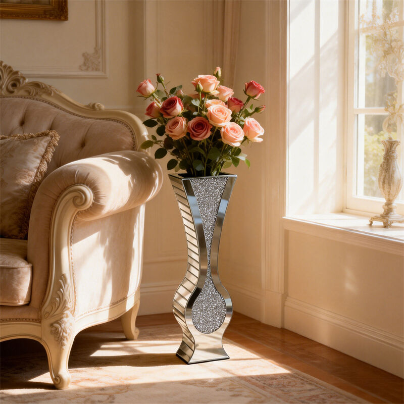 27" Tall Crystal Diamond Mirrored Floor Vase Modern Glass Decor Dry Flowers Only image number 7