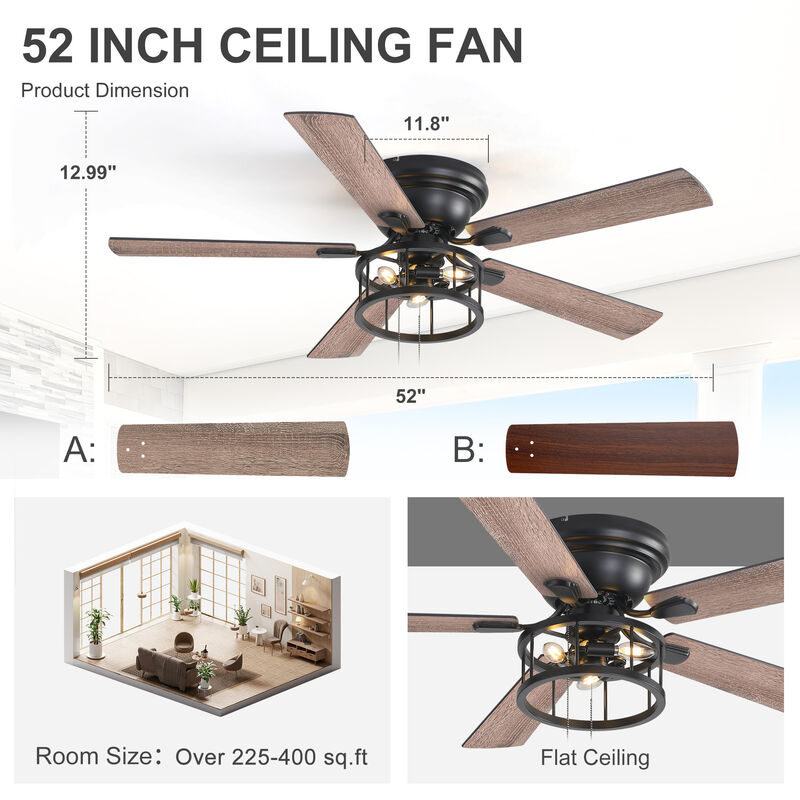 Breezary 52-inch Flush Mount Matte Black Industrial Ceiling Fan with Pull Chain(5-blade) image number 3