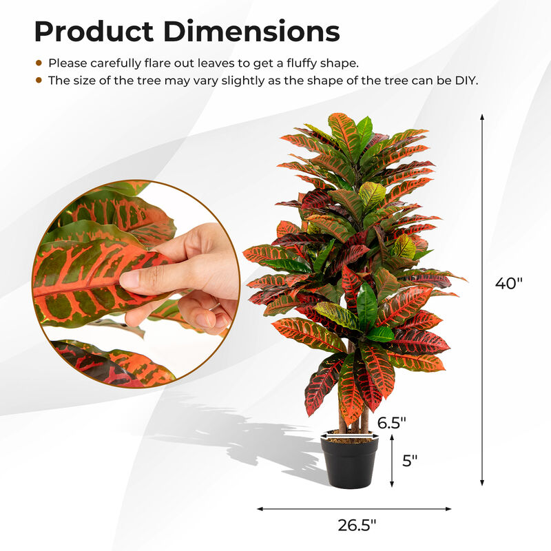 Artificial Croton Plant 40" Tall Fake Croton Palm Tree with Colorful Variegated Leaves and Pot