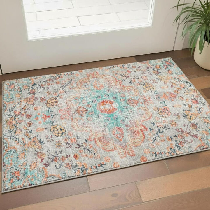 HomeRoots Medallion Distressed Washable Area Rug