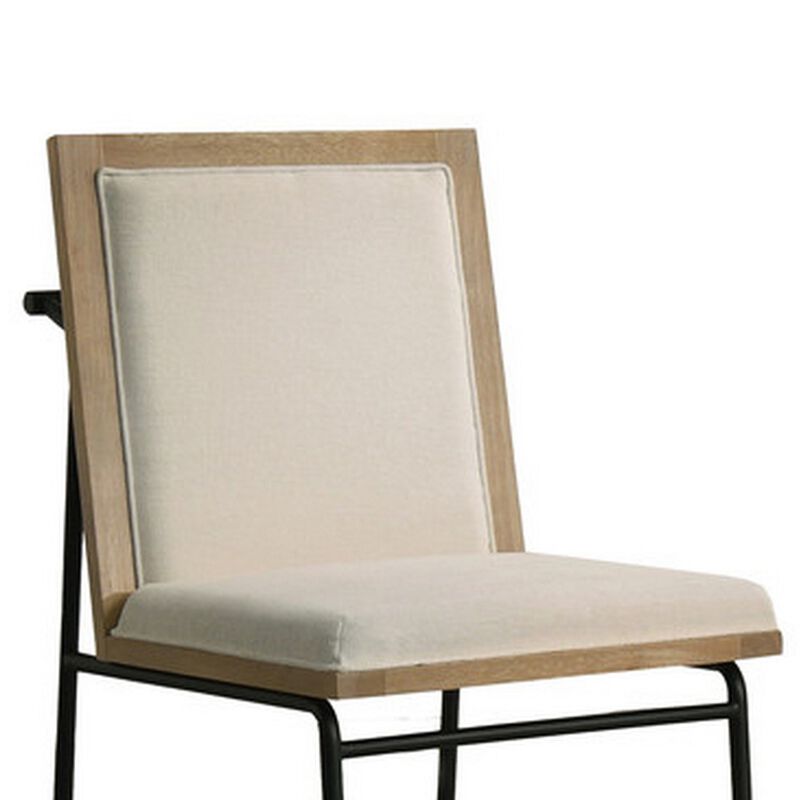 Tory 25 Inch Dining Chair Set of 2, Cream Fabric, Brown Wood, Black Metal - Benzara