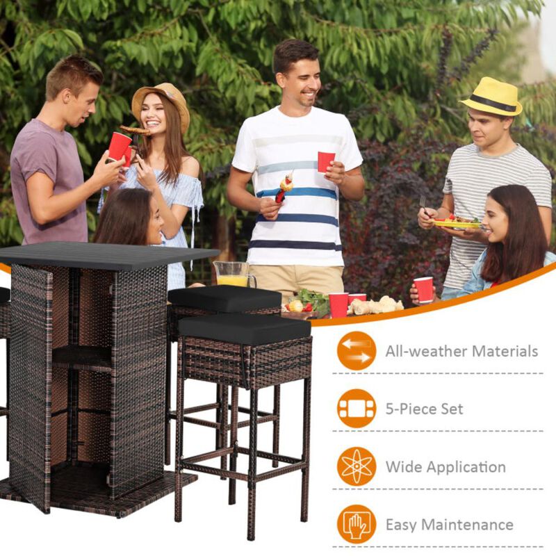 Hivvago 5 Pieces Patio Rattan Bar Furniture Set with Cushions and Hidden Storage Shelf