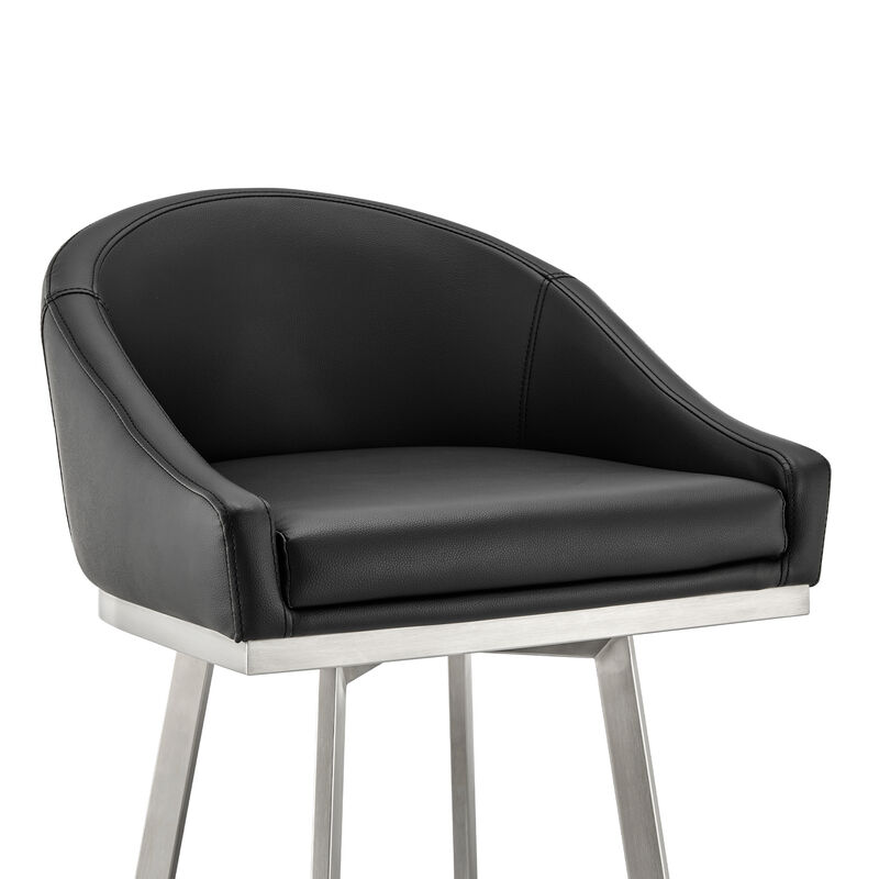 Noran Swivel Stool in Brushed Stainless Steel with Black Faux Leather