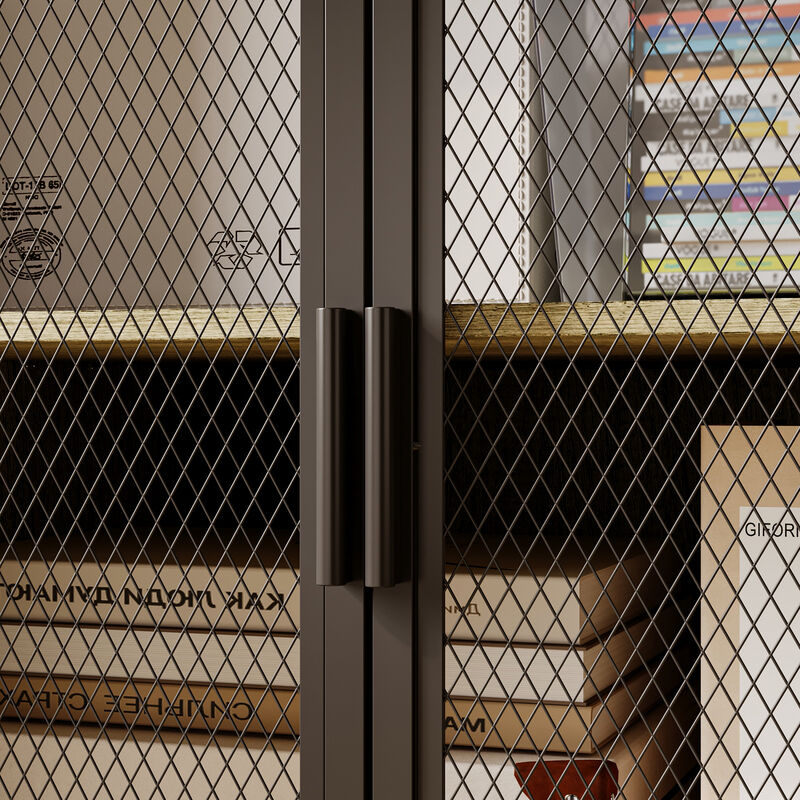 FUFU&GAGA White Oak Textured Office Desk with Metal Mesh Cabinet Door and Adjustable Shelf, Modern Workstation Table (63 in. L x 31.5 in. W x 38.6 in. H),White Oak