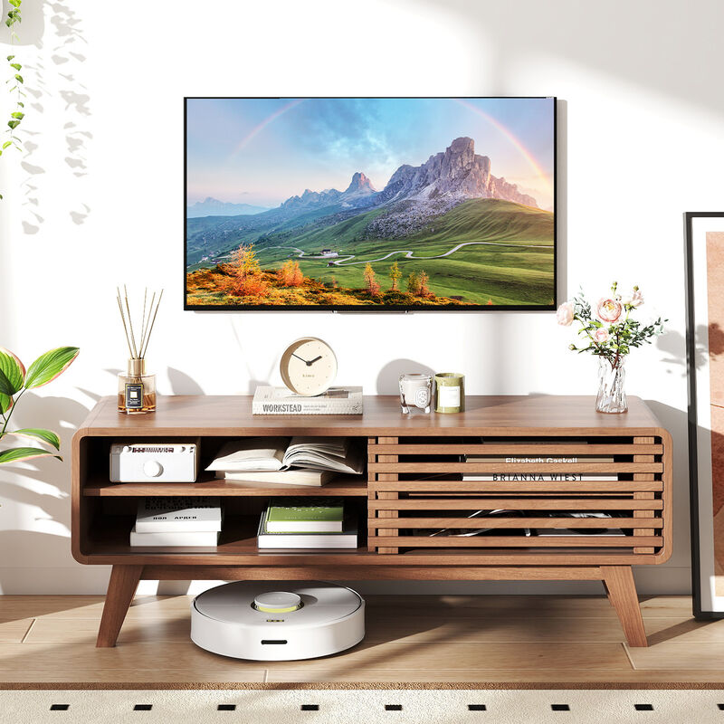Modern TV Stand with Sliding Door & Adjustable Shelves for Living Room Entertainment-Brown image number 7