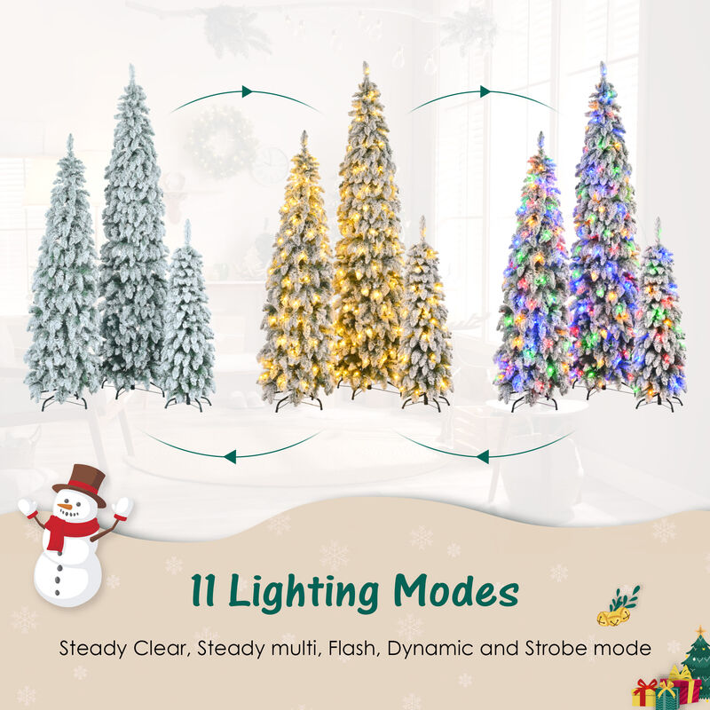 Whisen 8FT, 6FT, 4FT Pre-Lit Pencil Christmas Trees, 3-set Slim Artificial Christmas Tree With Snow Flocking, Xmas Holiday Decoration Tree, 1455 Branch Tips, 520 LED Lights image number 8