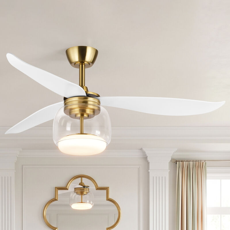 52" Modern Antique Brass Clear Glass Reversible DC Dimmable Ceiling Fan with Light and Remote image number 1