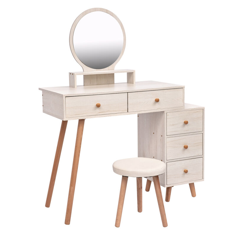 Makeup Vanity Table with Cushioned Stool, Large Capacity Storage Cabinet, 5 Drawers, Large Round Mirror, Fashionable Makeup Furniture (31.5"-43.2" L x 15.8" W x 48.1" H) Length Adjustable