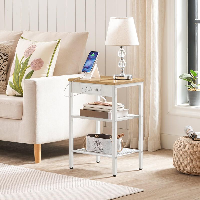 HOOBRO End Table with Charging Station and USB Ports, 3-Tier Nightstand with Adjustable Shelves, Small Side Table for Small Spac