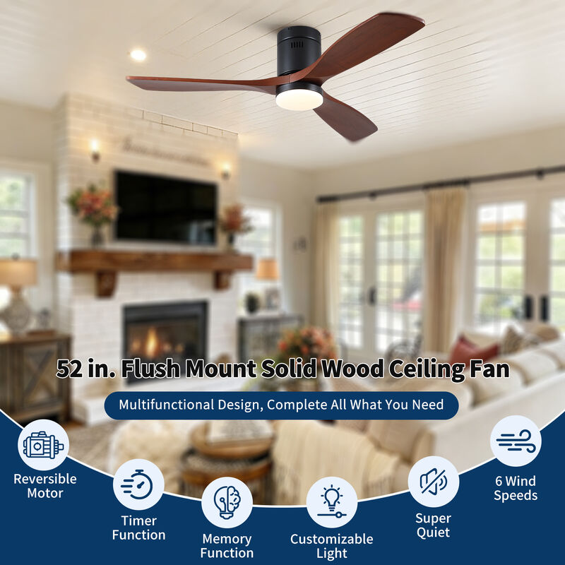 52 inch Matte Black Farmhouse Retro Solid Wood Flush Mount Intergrated LED Ceiling Fan with Light image number 8