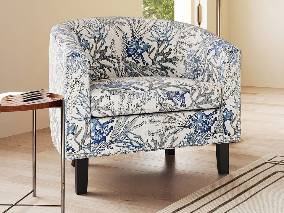 BELLEZE Accent Barrel Chair, Modern Tub Club Chair Upholstered Armchair for Living Room, Linen Chair with Gold Nail Head Trim Black Legs - Kyara (Blue Coral)