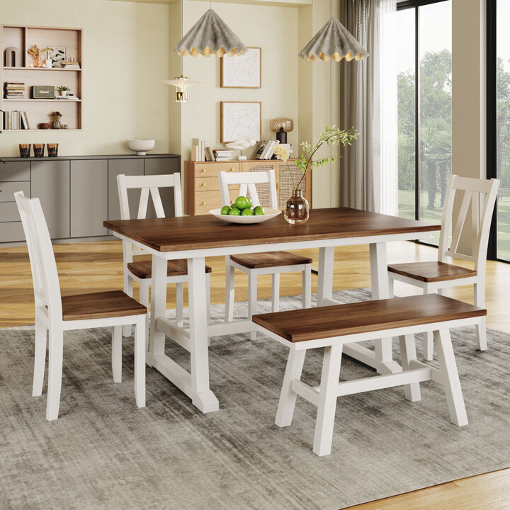 6-Piece Wood Dining Table Set Kitchen Table Set with Long Bench and 4 Dining Chairs