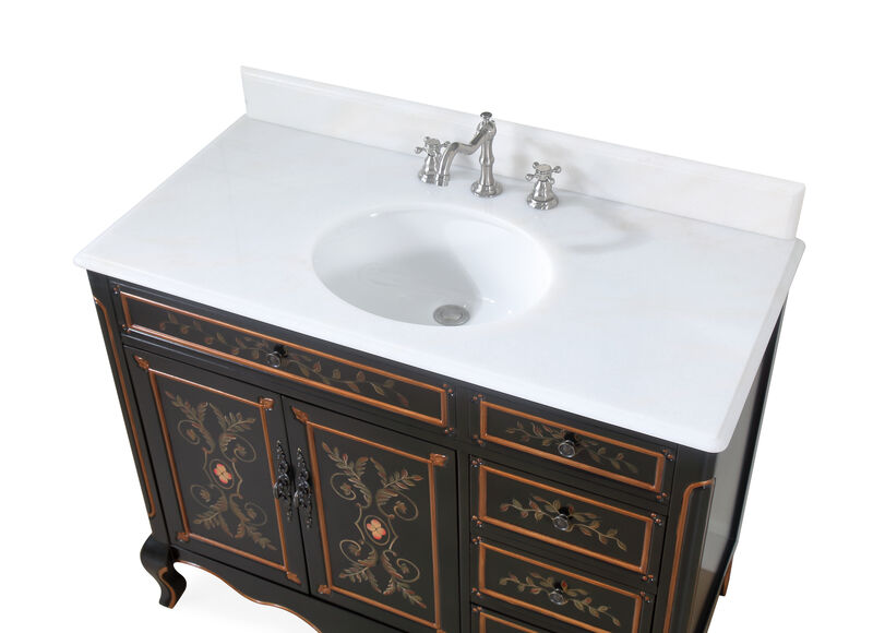 42 Inch Black Hand-Painted Floral Decoroso Bathroom Vanity With Side Drawers image number 3