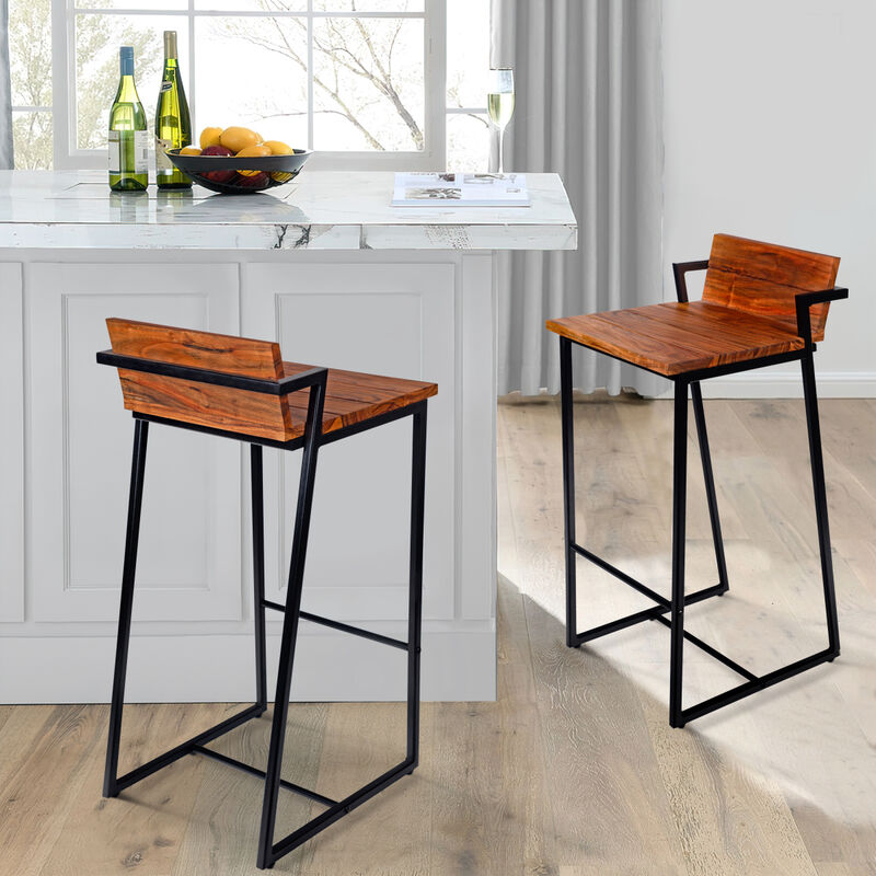 35 Inch Industrial Style Acacia Wood Barstool with Metal Frame, Brown and Black