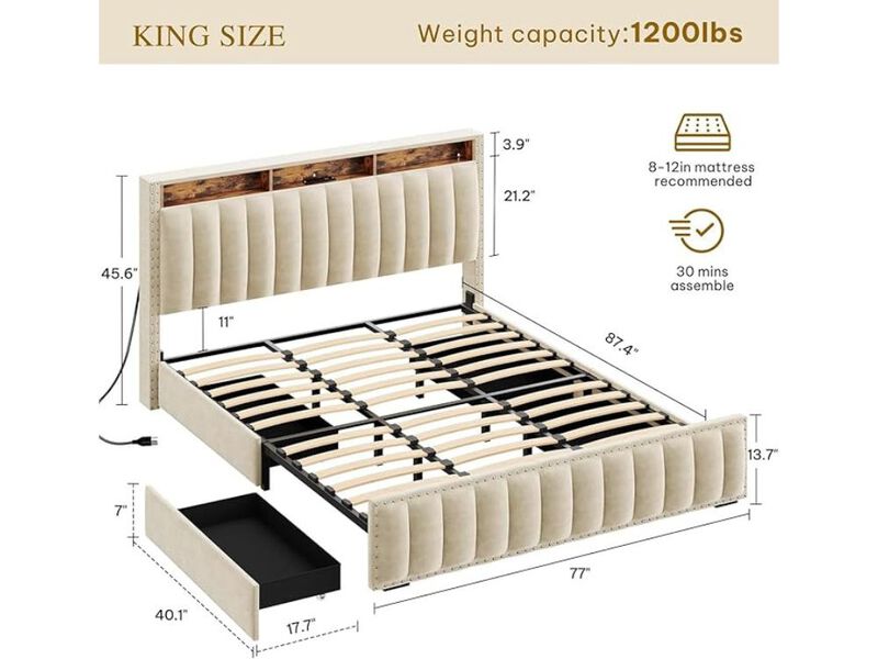 King Platform Bed &ndash; Beige Velvet Frame with 4 Storage Drawers, RGB Lights & Charging Station image number 1