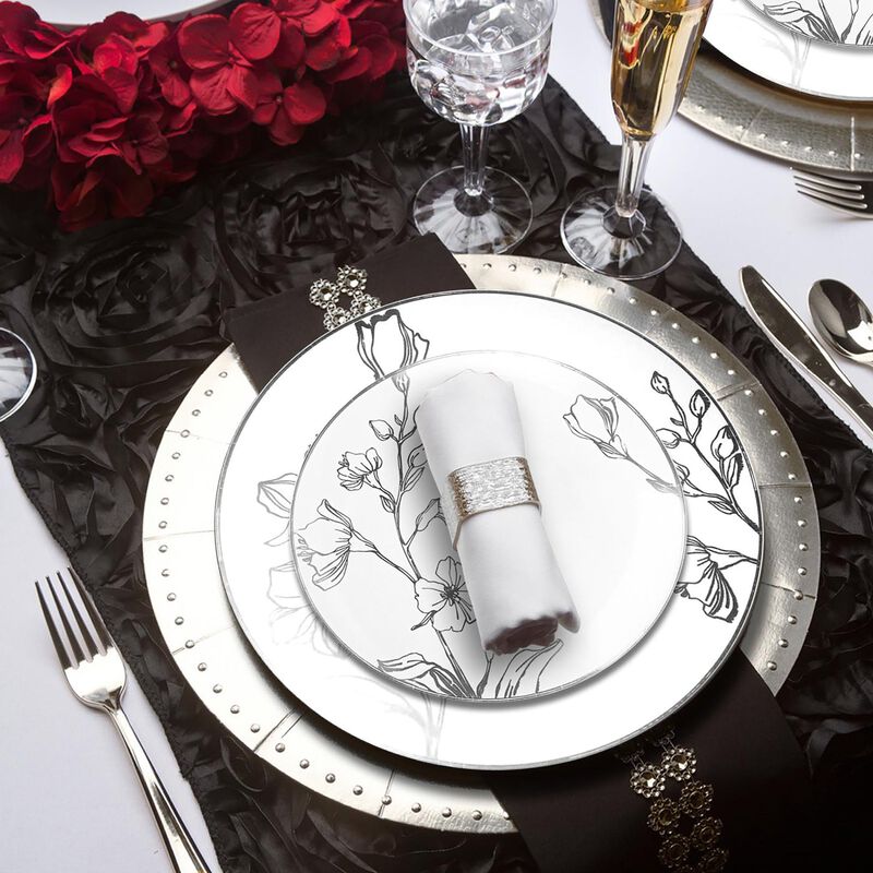 White with Silver Antique Floral Round Plastic Wedding Value Set (30 Sets) image number 7