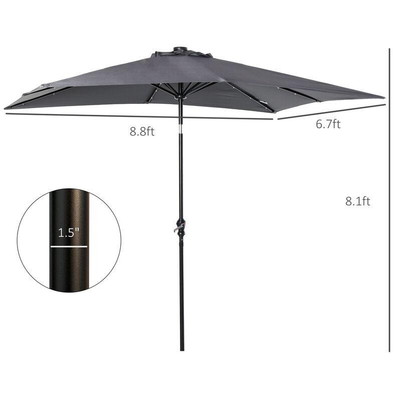 9' x 7' Patio Umbrella Outdoor Table Market Umbrella with Crank, Solar LED Lights, 45Â° Tilt, Push-Button Operation, for Deck, Dark Grey