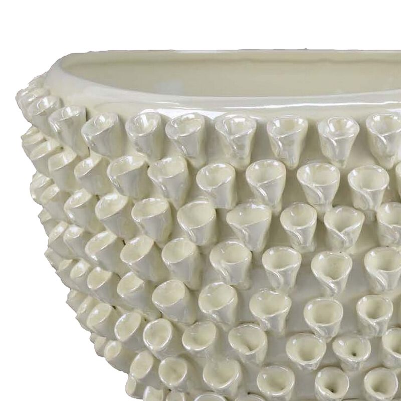 Modern Decorative Bowl, 3D Texture Embellished White Ceramic, 14 Inch - Benzara