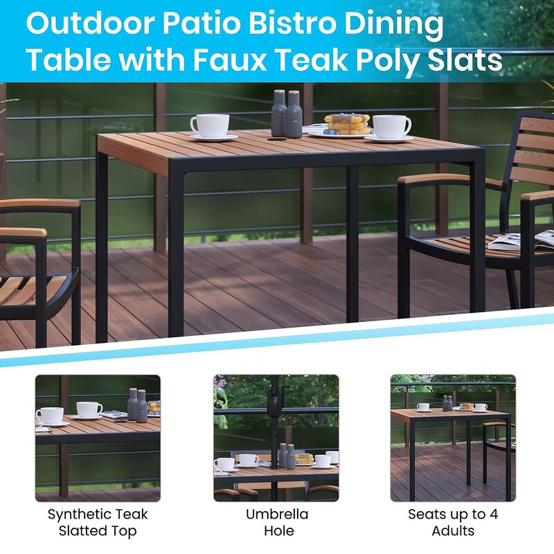 Flash Furniture 3 Piece Outdoor Patio Table Set - Natural Faux Teak Dining Table - 35" Square Synthetic Teak Patio Table with Umbrella Hole - Tan Umbrella with Base