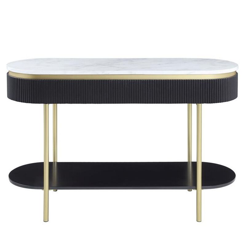 Ville 48 Inch Oblong Sofa Console Table, White Faux Marble Top, Reeded Edge