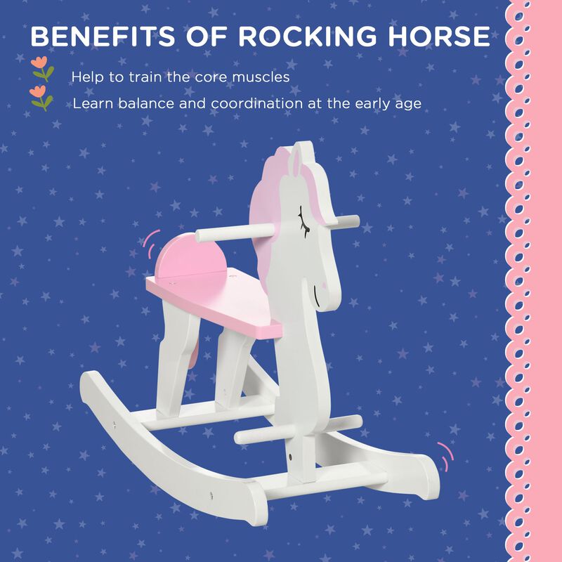Little Wooden Rocking Horse Toy for Kids' Imaginative Play, Children's Small Baby Rocking Horse Ride-on Toy for Toddlers 1-3, Pink and White